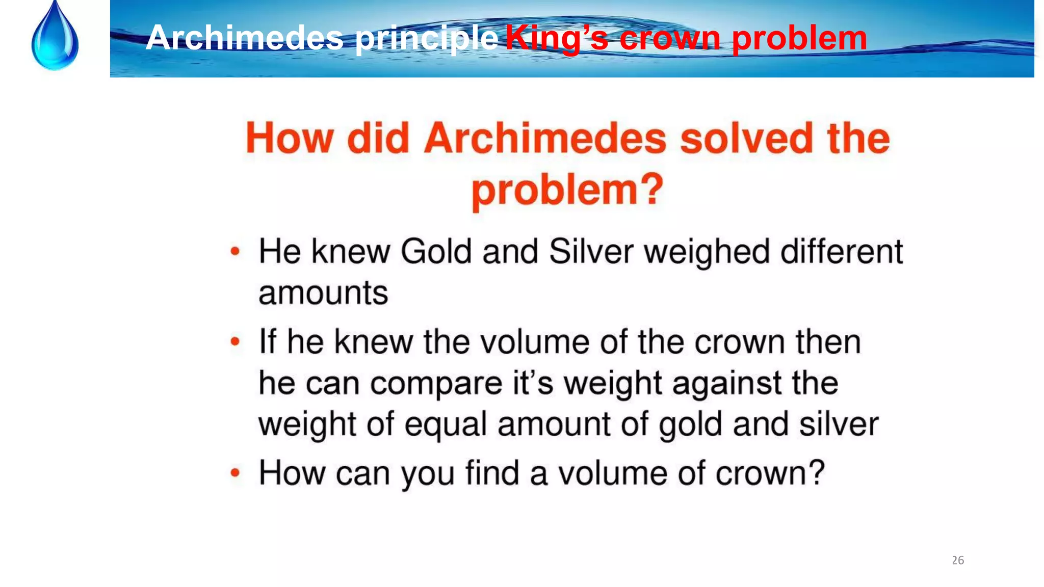 26
Archimedes principleKing’s crown problem
 