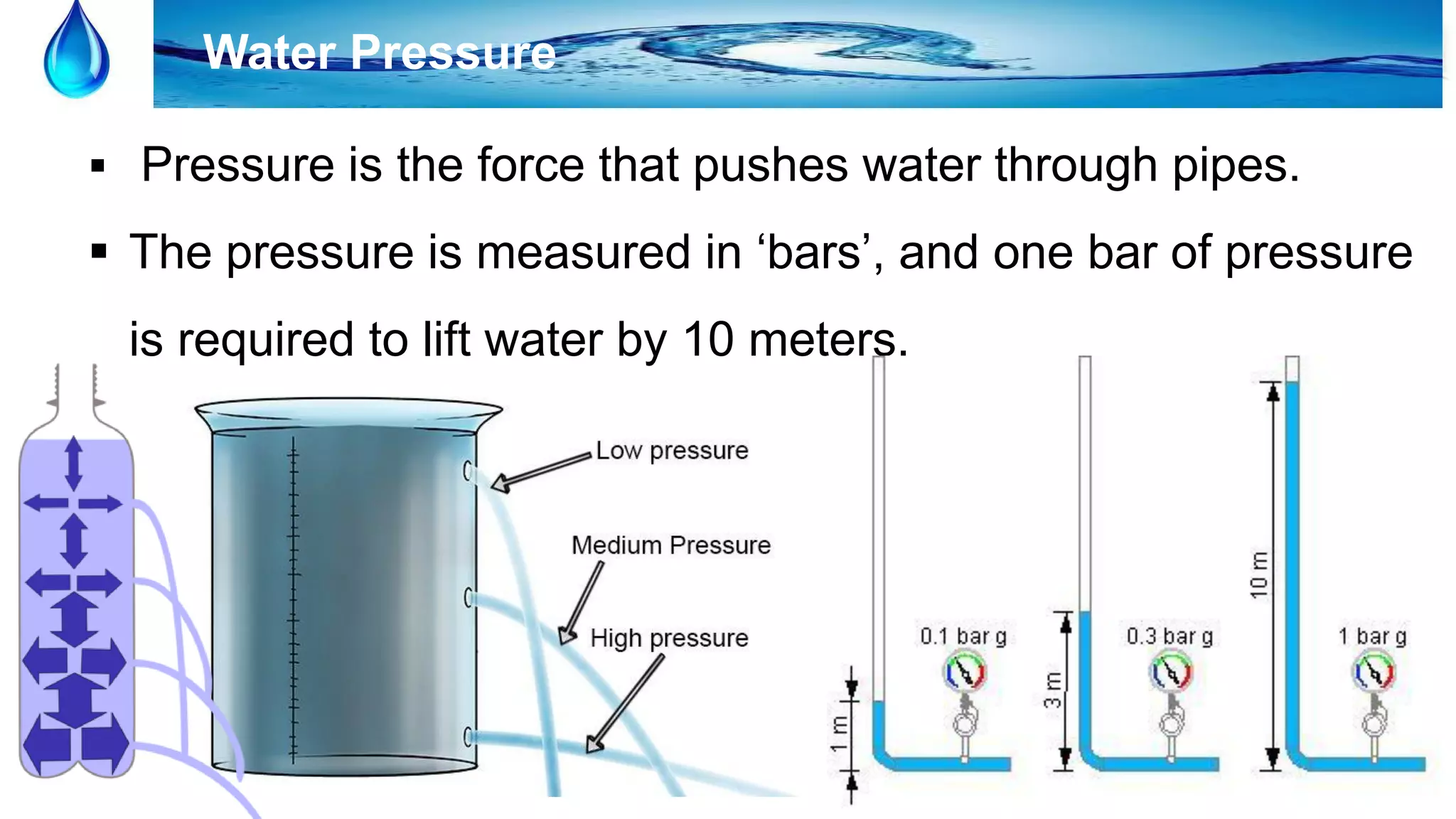 9
Water Pressure
 Pressure is the force that pushes water through pipes.
 The pressure is measured in ‘bars’, and one bar of pressure
is required to lift water by 10 meters.
 