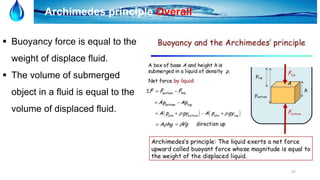47
Archimedes principle Overall
 Buoyancy force is equal to the
weight of displace fluid.
 The volume of submerged
object in a fluid is equal to the
volume of displaced fluid.
 
