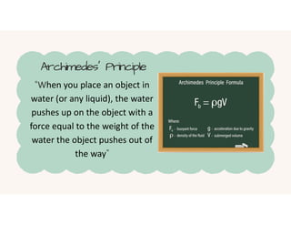 Archimedes' Principle
“When you place an object in
water (or any liquid), the water
pushes up on the object with a
force equal to the weight of the
water the object pushes out of
the way”
 