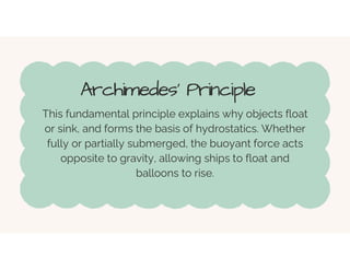 Archimedes' Principle
This fundamental principle explains why objects float
or sink, and forms the basis of hydrostatics. Whether
fully or partially submerged, the buoyant force acts
opposite to gravity, allowing ships to float and
balloons to rise.
 