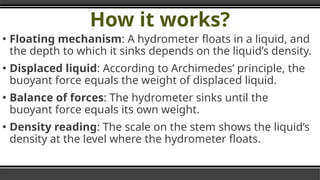 How it works?
▪ Floating mechanism: A hydrometer floats in a liquid, and
the depth to which it sinks depends on the liquid’s density.
▪ Displaced liquid: According to Archimedes’ principle, the
buoyant force equals the weight of displaced liquid.
▪ Balance of forces: The hydrometer sinks until the
buoyant force equals its own weight.
▪ Density reading: The scale on the stem shows the liquid’s
density at the level where the hydrometer floats.
 