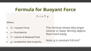 Formula for Buoyant Force
This formula shows why larger
volume or lower density objects
float more easily.
Note: g is constant 9.8 m/s²
 