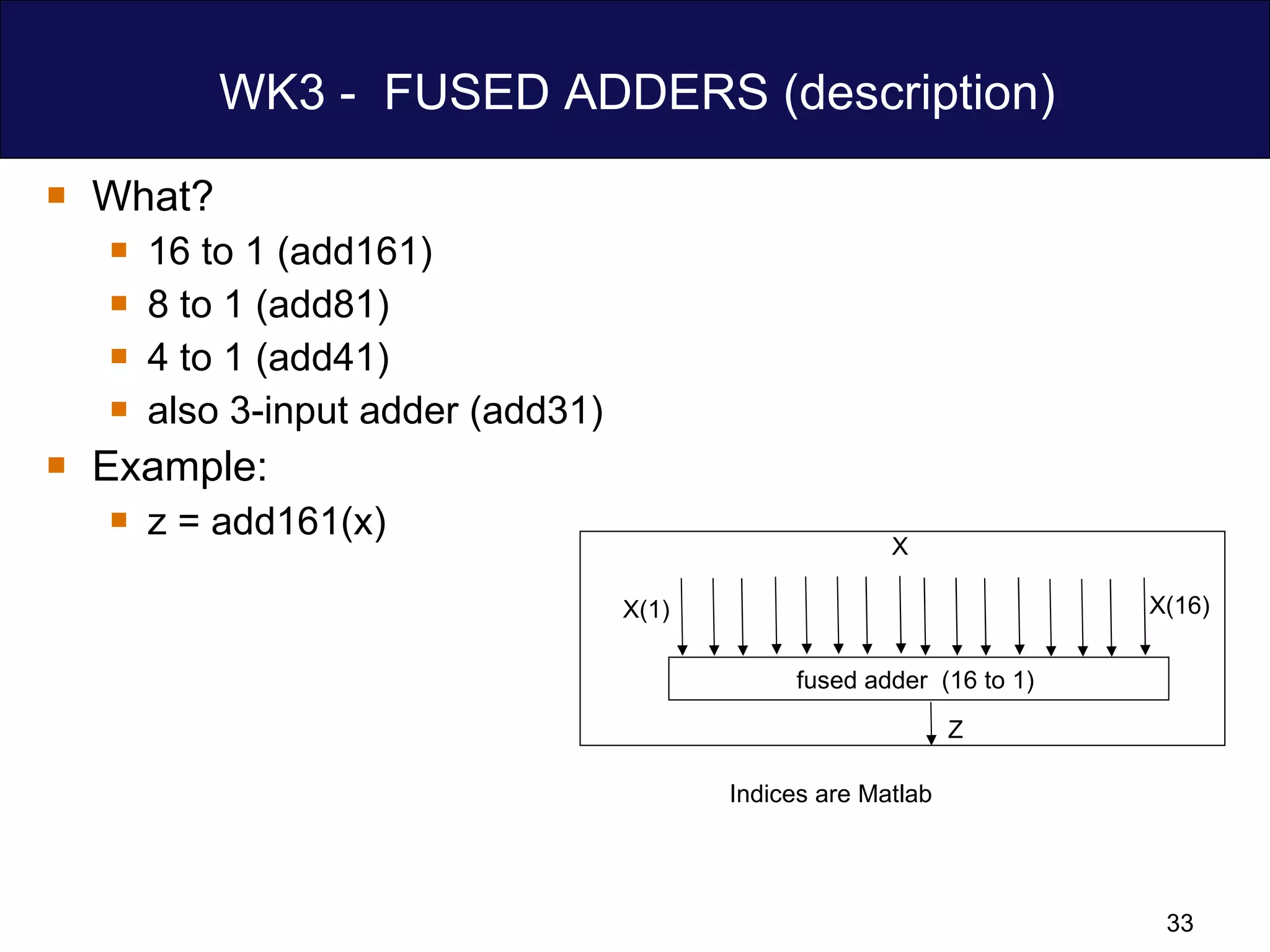 WK3 -  FUSED ADDERS (description) What? 16 to 1 (add161) 8 to 1 (add81) 4 to 1 (add41) also 3-input adder (add31) Example:  z = add161(x)  fused adder  (16 to 1)  Z X X(16) X(1) Indices are Matlab 
