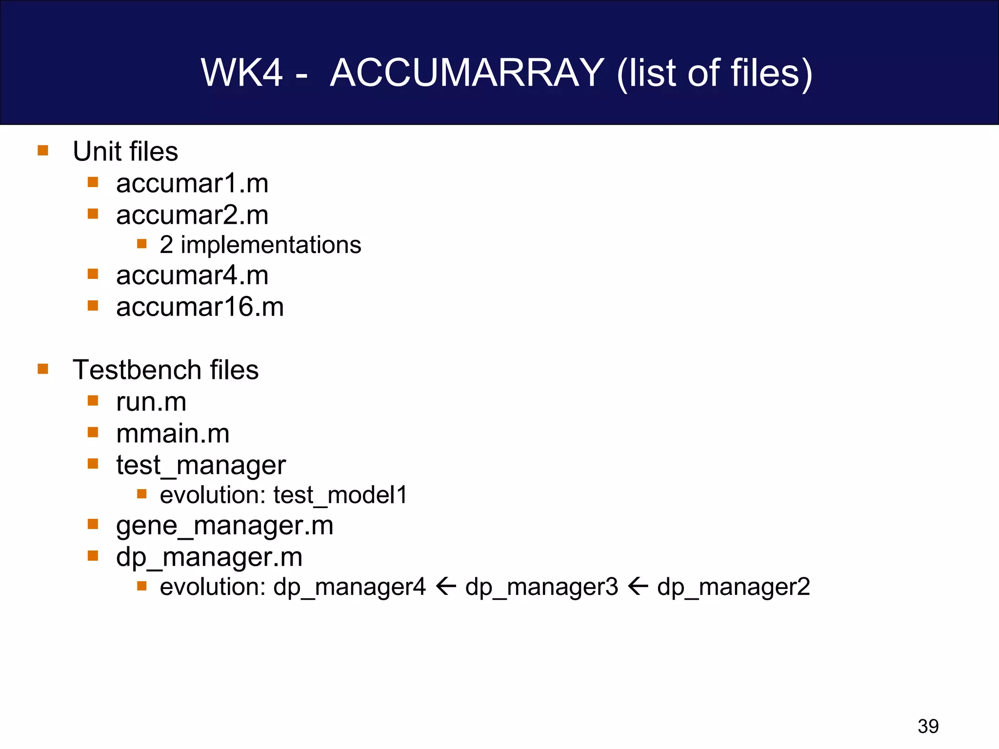 WK4 -  ACCUMARRAY (list of files) Unit files accumar1.m accumar2.m 2 implementations accumar4.m accumar16.m Testbench files run.m mmain.m test_manager evolution: test_model1  gene_manager.m dp_manager.m evolution: dp_manager4    dp_manager3    dp_manager2  
