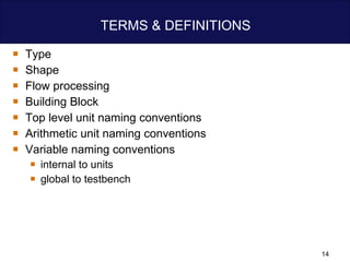 TERMS & DEFINITIONS Type  Shape Flow processing Building Block  Top level unit naming conventions Arithmetic unit naming conventions Variable naming conventions internal to units global to testbench 