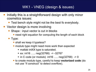 WK1 - VNEG (design & issues) Initially this is a straightforward design with only minor cosmetics issues: Test bench style might not be the best fo everybody. Vector design is more involving Shape : input vector is cut in blocks  need right equation for computing the length of each block Type:  shall we keep it typeless?  modulo type might need more work than expected matlab intXX type is saturated.  ex: int16 ….. neg(32768)  -> -32767  in C code (or modulo)  int16 ….. neg(32768)  -> 0  to create modulo type, careful to keep  vectorized code  (do not use “if construct” to detect overflow). 