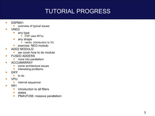 TUTORIAL PROGRESS DSPMA1 overview of typical issues VNEG any type FXP uses INTxx any shape  vector, introduction to VU exercise: NEG modulo ADD2 MODULO we cover how to do modulo FUSED ADDERS more into parallelism ACCUMARRAY some architecture issues interesting problems DIFF to do VPU internal sequencer IIR1 introduction to all filters states PMAVF256: massive parallelism 