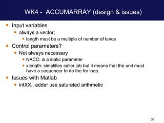 WK4 -  ACCUMARRAY (design & issues) Input variables always a vector;  length must be a multiple of number of lanes  Control parameters? Not always necessary  NACC: is a static parameter xlength: simplifies caller job but it means that the unit must have a sequencer to do the for loop.  Issues with Matlab  intXX.. adder use saturated arithmetic 