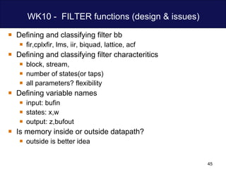 WK10 -  FILTER functions (design & issues) Defining and classifying filter bb  fir,cplxfir, lms, iir, biquad, lattice, acf Defining and classifying filter characteritics block, stream,  number of states(or taps) all parameters? flexibility Defining variable names input: bufin  states: x,w output: z,bufout  Is memory inside or outside datapath?  outside is better idea 