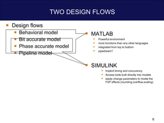 TWO DESIGN FLOWS Design flows Behavioral model Bit accurate model Phase accurate model Pipeline model MATLAB Powerful environment more functions than any other languages integrated from top to bottom pipedream? SIMULINK Implicit timing and concurency Access tools built directly into models easily change parameters to model the FXP effects (rounding,overflow,scaling) 