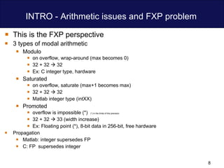 INTRO - Arithmetic issues and FXP problem  This is the FXP perspective 3 types of modal arithmetic   Modulo on overflow, wrap-around (max becomes 0)  32 + 32    32  Ex: C integer type, hardware  Saturated  on overflow, saturate (max+1 becomes max)  32 + 32    32  Matlab integer type (intXX)  Promoted  overflow is impossible (*)  (*) in the limits of the precision  32 + 32    33 (width increase) Ex: Floating point (*), 8-bit data in 256-bit, free hardware  Propagation Matlab: integer supersedes FP C: FP  supersedes integer 