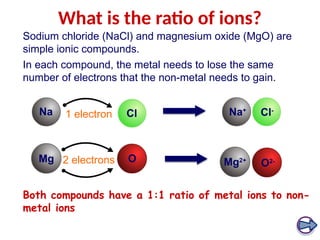 What is the ratio of ions?
Sodium chloride (NaCl) and magnesium oxide (MgO) are
simple ionic compounds.
Both compounds have a 1:1 ratio of metal ions to non-
metal ions
Na Cl Na+
Cl-
1 electron
Mg Mg2+
O O2-
2 electrons
In each compound, the metal needs to lose the same
number of electrons that the non-metal needs to gain.
 