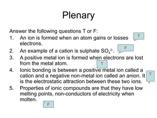 Plenary
Answer the following questions T or F:
1. An ion is formed when an atom gains or losses
electrons.
2. An example of a cation is sulphate SO4
2-
.
3. A positive metal ion is formed when electrons are lost
from the metal atom.
4. Ionic bonding is between a positive metal ion called a
cation and a negative non-metal ion called an anion. It
is the electrostatic attraction between these two ions.
5. Properties of ionic compounds are that they have low
melting points, non-conductors of electricity when
molten.
T
F
T
F
T
 