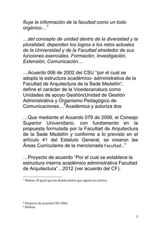 fluye la información de la facultad como un todo
orgánico…7

…del concepto de unidad dentro de la diversidad y la
pluralidad, dependen los logros a los retos actuales
de la Universidad y de la Facultad alrededor de sus
funciones esenciales. Formación, Investigación,
Extensión, Comunicación…

…Acuerdo 006 de 2002 del CSU “por el cual se
adopta la estructura académico- administrativa de la
Facultad de Arquitectura de la Sede Medellín”,
define el carácter de la Vicedecanatura como
Unidades de apoyo Gestión(Unidad de Gestión
Administrativa y Organismo Pedagógico de
Comunicaciones…8Académica y autoriza dos

…Que mediante el Acuerdo 079 de 2006, el Consejo
Superior Universitario, con fundamento en la
propuesta formulada por la Facultad de Arquitectura
de la Sede Medellín y conforme a lo previsto en el
artículo 41 del Estatuto General, se crearon las
Áreas Curriculares de la mencionada Facultad…9

…Proyecto de acuerdo “Por el cual se establece la
estructura interna académico administrativa Facultad
de Arquitectura”…2012 (ver acuerdo del CF).

7   Ibídem. Al igual que los demás textos que siguen en cursiva.




8   Proyecto de acuerdo CSU 2002
9   Ibídem.

                                                                   5
 