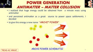 • I realized that huge energy could be obtained from a minute mass using
antimatter
• and perceived antimatter as a great source to power space settlements. I
decided
• to give this energy a new name “ARCHI* POWER”
POWER GENERATION
ANTIMATTER – MATTER COLLISION
e-
e+
e-
e+
e+
e+
e-
e-e-
e+
ARCHI POWER SCHEMATIC
e+e-
11
*READ AS ‘ARKAI’
 