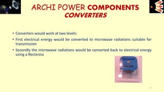 • Converters would work at two levels:
• First electrical energy would be converted to microwave radiations suitable for
transmission
• Secondly the microwave radiations would be converted back to electrical energy
using a Rectenna
ARCHI POWER COMPONENTS
CONVERTERS
e+e-
21
Rectenna
 