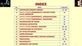 INDEX e+e-
3
No. TOPIC SLIDE NO.
14 ADVANTAGE CARBON AEROGEL 17 - 18
15 ARCHI POWER COMPONENTS:SYNTHETIC FUSED
SILICA MEMBRANE
19
16 ARCHI POWER COMPONENTS: SUPERCAPACITORS 20
17 ARCHI POWER COMPONENTS: CONVERTERS 21
18 TRANSMISSION OF POWER 22
19 SOURCING ANTIMATTER 23
20 ARCHI POWER STATION: LOCATION 24 - 26
21 TRANSMISSION OF ELECTRICITY 27 - 28
22 MY SPACE SETTLEMENT 29
23 CODED RECTENNA 30
24 PROTECTION FROM FREELY MOVING ASTEROIDS 31
25 CONCLUSION 32 - 33
26 BIBLIOGRAPHY 34
27 REFERENCES FOR IMAGES 35 - 37
 