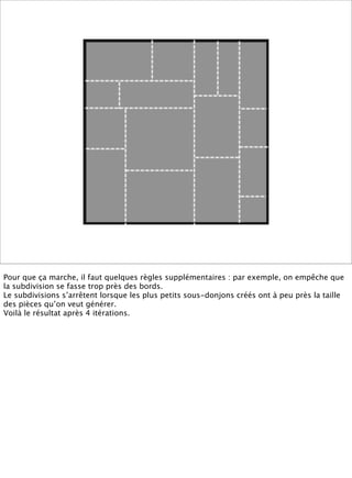 Pour que ça marche, il faut quelques règles supplémentaires : par exemple, on empêche que
la subdivision se fasse trop près des bords.
Le subdivisions s’arrêtent lorsque les plus petits sous-donjons créés ont à peu près la taille
des pièces qu’on veut générer.
Voilà le résultat après 4 itérations.
 