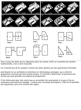 Siza a conçu les plans de ces logements dans les années 1970, en travaillant de manière
traditionnelle, c’est-à-dire manuelle.

Ca n’interdit pas de les analyser comme des plans générés par des grammaires formelles.

José Duarte est un architecte et chercheur en informatique portugais, qui a utilisé le
programme construit par Siza comme corpus. Il a cherché à déterminer la grammaire de
formes qui avait présidé à la création du programme.

C’est intéressant pour moi, parce que ça ressemble très exactement à ce que je fais en
traitement automatisé du langage : comme avec l’exemple de Brighton, l’idée est d’identiﬁer
des régularités, puis d’en extraire des règles.
 