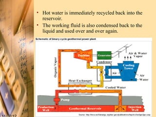 • Hot water is immediately recycled back into the
  reservoir.
• The working fluid is also condensed back to the
  liquid and used over and over again.
 