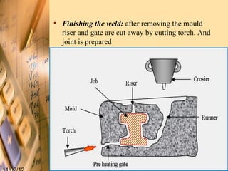 • Finishing the weld: after removing the mould
  riser and gate are cut away by cutting torch. And
  joint is prepared
 