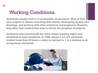 +
Working Conditions
Architects usually work in a comfortable environment. Most of their
time is spent in offices consulting with clients, developing reports and
drawings, and working with other architects and engineers. However,
they often visit construction sites to review the progress of projects.
Architects may occasionally be under stress, working nights and
weekends to meet deadlines. In 1998, almost 2 out of 5 architects
worked more than 40 hours a week, in contrast to 1 in 4 workers in all
occupations combined.
 