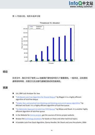  



      图 4.性能比较：线程本地和分配




结论 

      在本文中，我们介绍了使用 Java 创建高扩展性组件的几个重要原则。一般来说，这些原则
      通常很有帮助，但是它们无法替代谨慎的测试和性能调优。 


资源 

             JLA, IBM Lock Analyzer for Java 
             "CAS‐Based Lock‐Free Algorithm for Shared Deques" by Maged. It is a highly efficient 
              algorithm of lock‐free deque. 
             "Simple, fast, and practical non‐blocking and blocking concurrent queue algorithms" by 
              Michael and Scott. It is a highly efficient algorithm of lock‐free queue. 
             "An Optimistic Approach to Lock‐Free FIFO Queues" by Mozes and Shavit. It is another highly 
              efficient algorithm of lock‐free queue. 
             In the Website for Amino project, get the sources of Amino project website. 
             Browse the technology bookstore for books on these and other technical topics. 
             A Scalable Lock‐Free Stack Algorithm, Danny Hendler, Nir Shavit and Lena Yerushalmi, SPAA 



                                                           41 
           
 