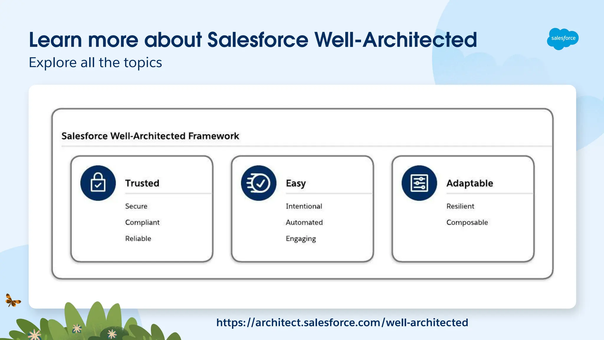 Learn more about Salesforce Well-Architected
Explore all the topics
https://architect.salesforce.com/well-architected
 