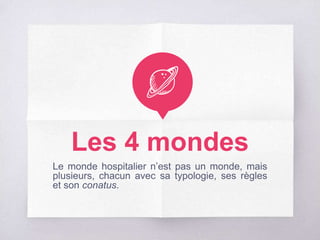 Les 4 mondes
Le monde hospitalier n’est pas un monde, mais
plusieurs, chacun avec sa typologie, ses règles
et son conatus.
 