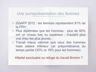 Une surreprésentation des femmes
▧ DGAFP 2012 : les femmes représentent 81% de
la FPH ;
▧ Plus diplômées que les hommes : plus de 60%
ont un niveau bac ou supérieur ; d’autant plus
vrai chez les plus jeunes ;
▧ Travail mieux valorisé que ceux des hommes
mais salaire inférieur car prépondérance du
temps partiel (33% vs 19% pour les hommes).
Hôpital sanctuaire ou refuge du travail féminin ?
 