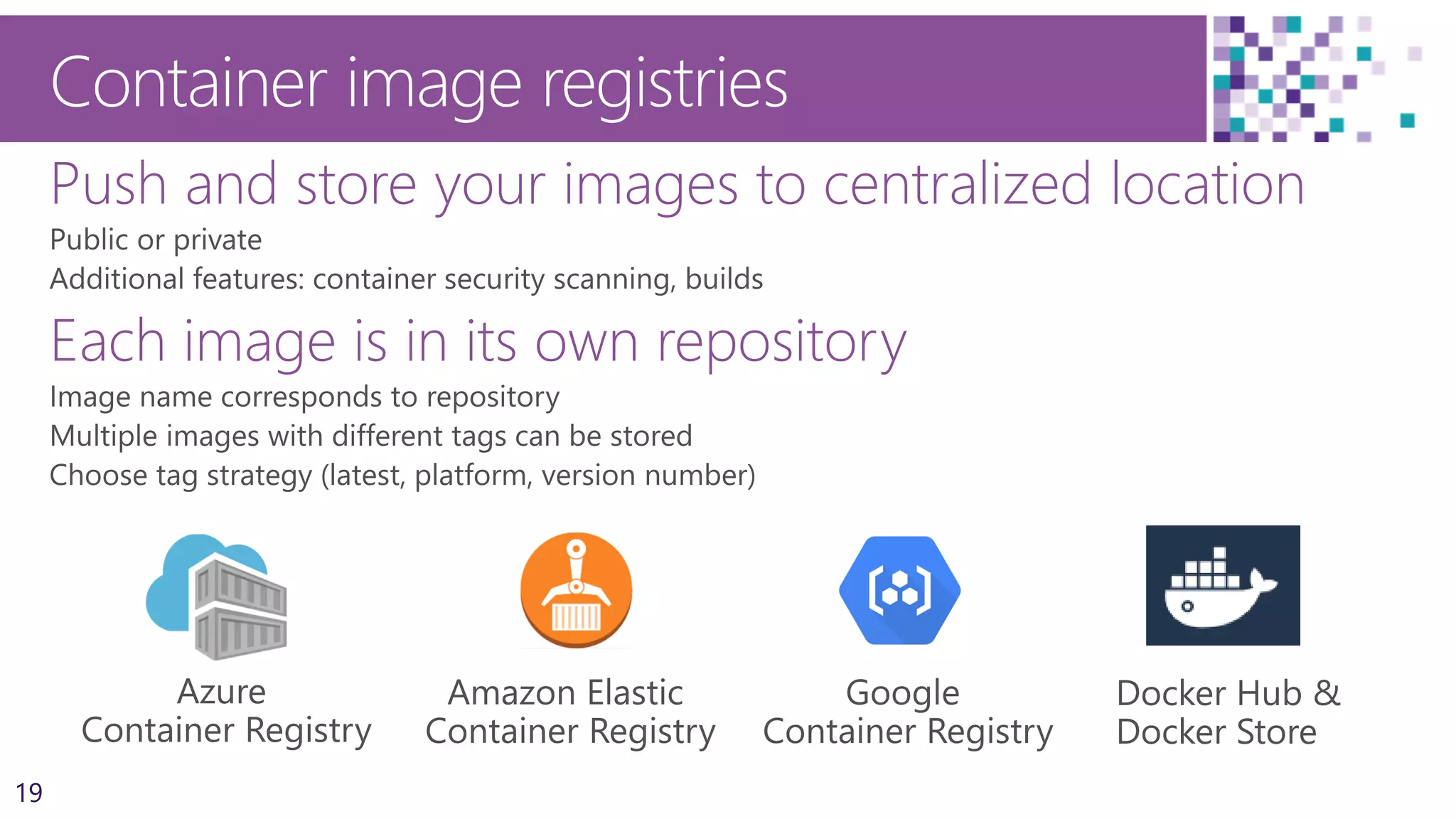 19
Container image registries
Push and store your images to centralized location
Each image is in its own repository
 