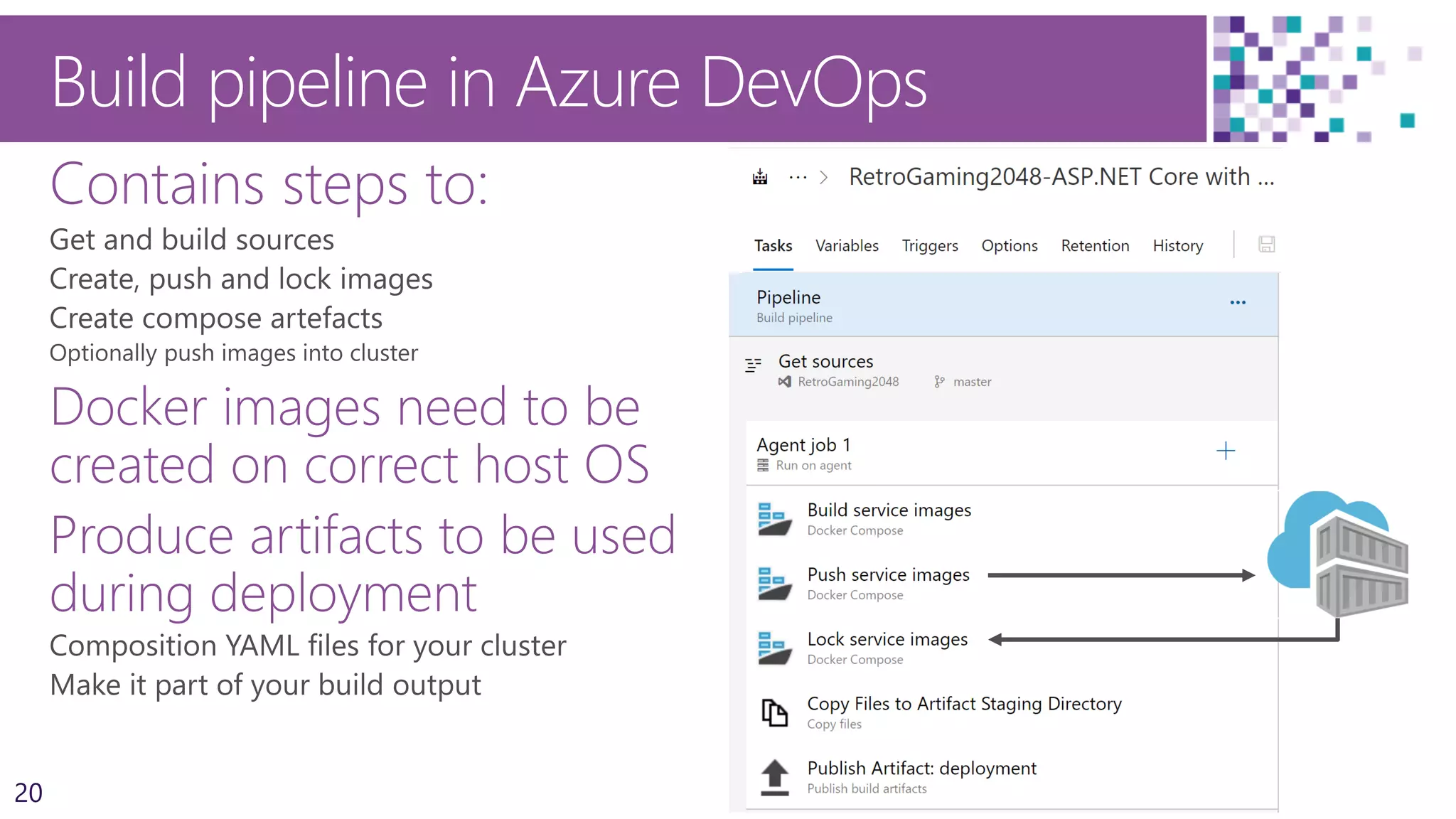 20
Build pipeline in Azure DevOps
Contains steps to:
Docker images need to be
created on correct host OS
Produce artifacts to be used
during deployment
 