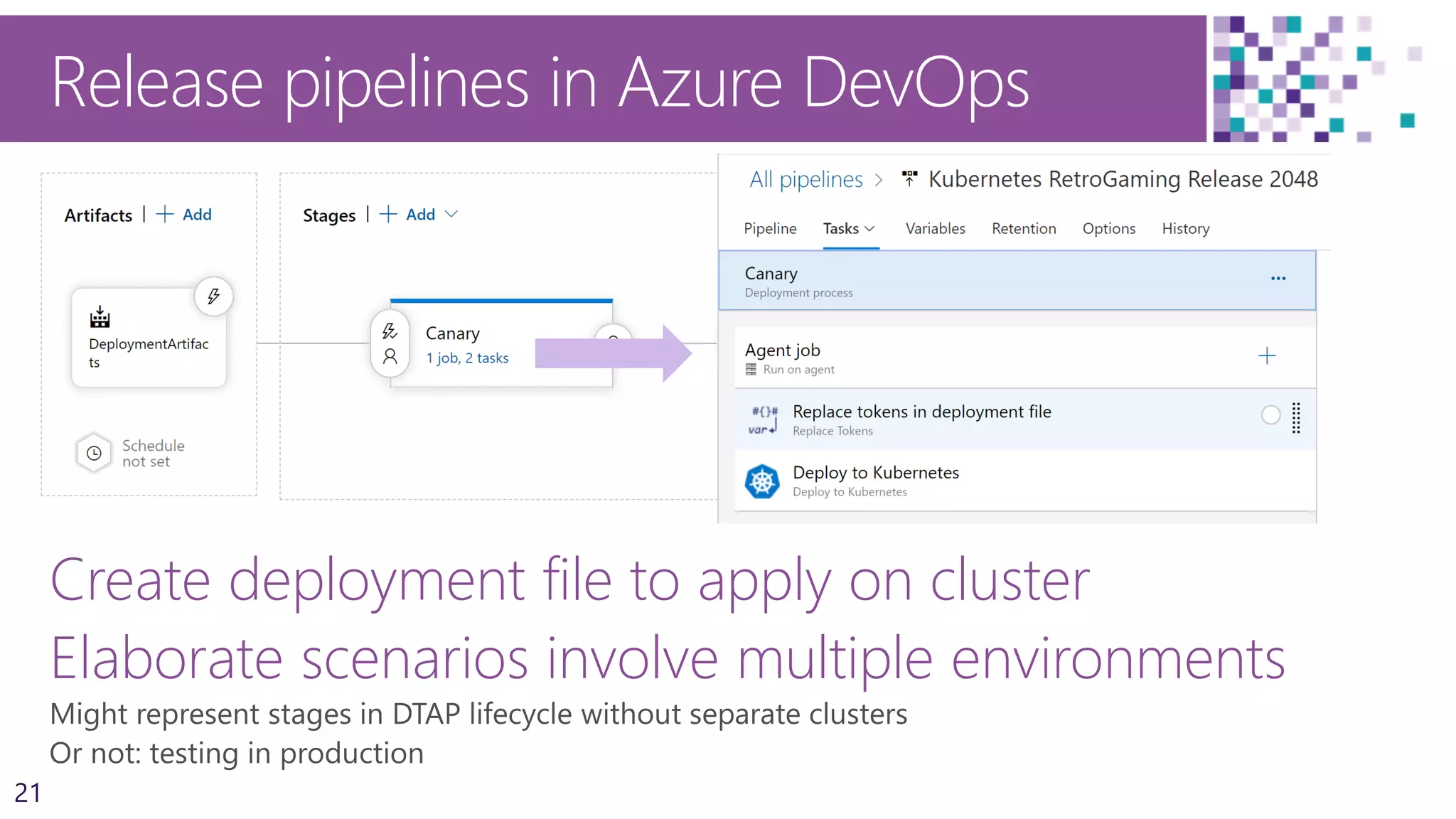 21
Release pipelines in Azure DevOps
Create deployment file to apply on cluster
Elaborate scenarios involve multiple environments
 