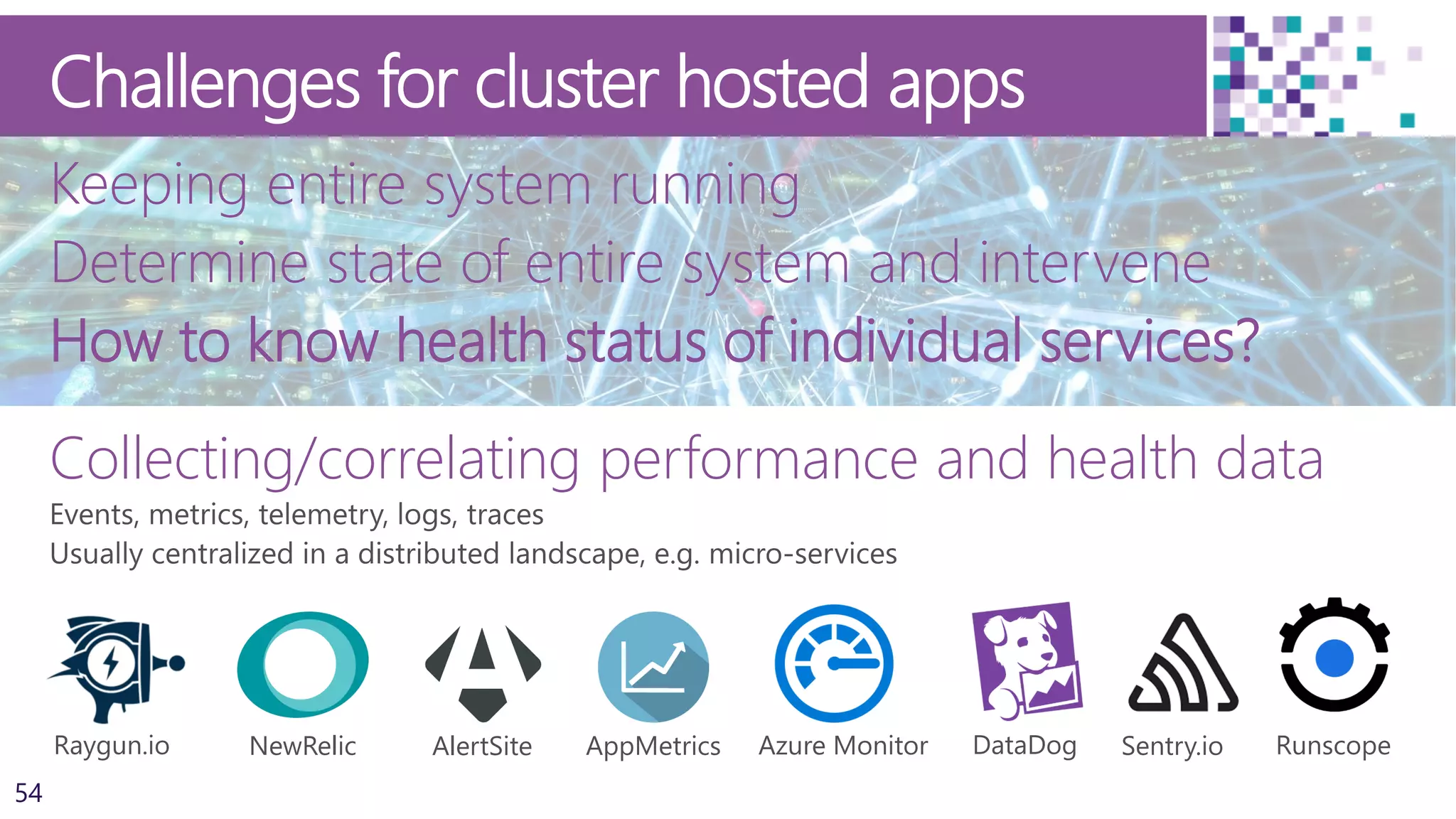 54
Challenges for cluster hosted apps
Keeping entire system running
Determine state of entire system and intervene
How to know health status of individual services?
Collecting/correlating performance and health data
Sentry.ioRaygun.io RunscopeNewRelic AlertSite DataDogAppMetrics Azure Monitor
 