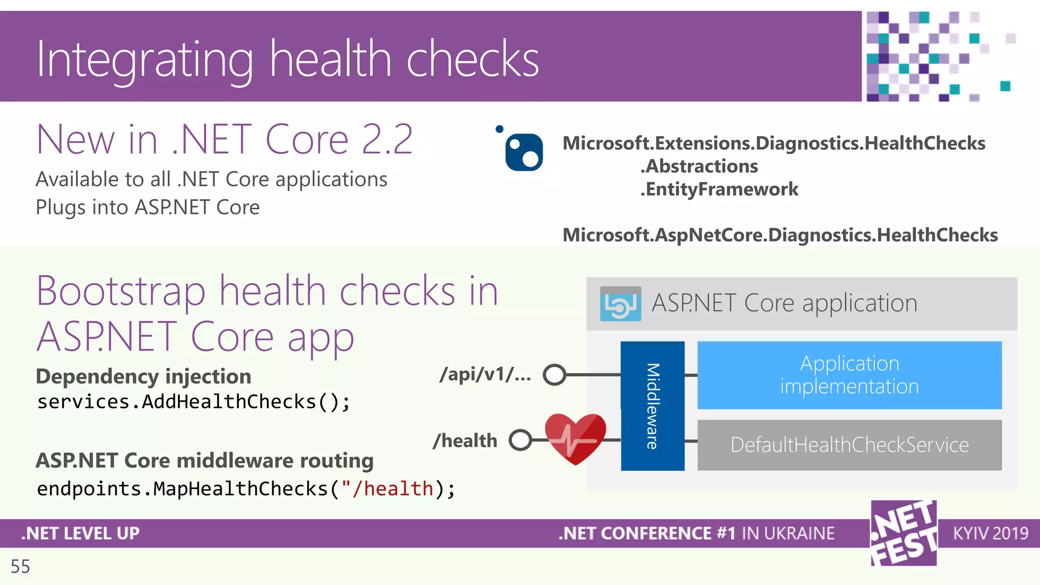 55
ASP.NET Core application
/api/v1/… Middle
ware
Integrating health checks
New in .NET Core 2.2
Bootstrap health checks in
ASP.NET Core app
services.AddHealthChecks();
endpoints.MapHealthChecks("/health);
/health DefaultHealthCheckService
Microsoft.Extensions.Diagnostics.HealthChecks
.Abstractions
.EntityFramework
Microsoft.AspNetCore.Diagnostics.HealthChecks
 
