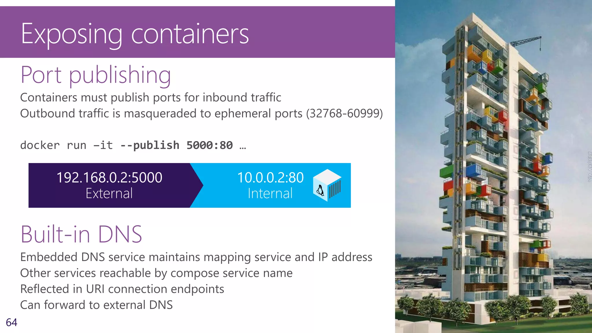64
Exposing containers
Port publishing
Built-in DNS
 