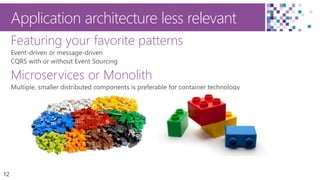 12
Application architecture less relevant
Featuring your favorite patterns
Microservices or Monolith
 