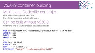 17
VS2019 container building
Multi-stage Dockerfile per project
Can be built without VS2019
FROM mcr.microsoft.com/dotnet/core/aspnet:3.0-buster-slim AS base
WORKDIR /app
EXPOSE 13995
EXPOSE 44369
…
FROM base AS final
WORKDIR /app
COPY --from=publish /app .
ENTRYPOINT ["dotnet", "Leaderboard.WebAPI.dll"]
 