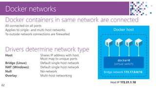 62
Docker containers in same network are connected
Drivers determine network type
Docker networks
Bridge network 172.17.0.0/16
Host IP 172.31.1.10
 