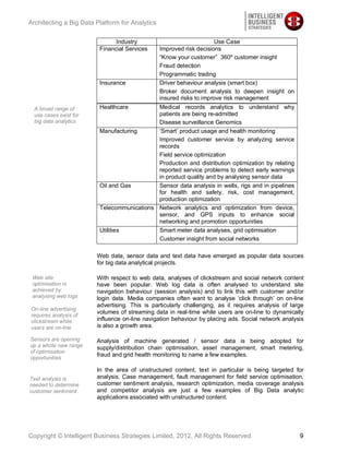Architecting a Big Data Platform for Analytics

                               Industry                                Use Case
                         Financial Services      Improved risk decisions
                                                 “Know your customer” 360º customer insight
                                                 Fraud detection
                                                 Programmatic trading
                         Insurance               Driver behaviour analysis (smart box)
                                                 Broker document analysis to deepen insight on
                                                 insured risks to improve risk management
  A broad range of       Healthcare         Medical records analytics to understand why
  use cases exist for                       patients are being re-admitted
  big data analytics                        Disease surveillance Genomics
                         Manufacturing      ‘Smart’ product usage and health monitoring
                                            Improved customer service by analyzing service
                                            records
                                            Field service optimization
                                            Production and distribution optimization by relating
                                            reported service problems to detect early warnings
                                            in product quality and by analysing sensor data
                         Oil and Gas        Sensor data analysis in wells, rigs and in pipelines
                                            for health and safety, risk, cost management,
                                            production optimization
                         Telecommunications Network analytics and optimization from device,
                                            sensor, and GPS inputs to enhance social
                                            networking and promotion opportunities
                         Utilities          Smart meter data analyses, grid optimisation
                                            Customer insight from social networks

                        Web data, sensor data and text data have emerged as popular data sources
                        for big data analytical projects.

 Web site               With respect to web data, analyses of clickstream and social network content
 optimisation is        have been popular. Web log data is often analysed to understand site
 achieved by            navigation behaviour (session analysis) and to link this with customer and/or
 analysing web logs     login data. Media companies often want to analyse ‘click through’ on on-line
                        advertising. This is particularly challenging, as it requires analysis of large
On-line advertising
                        volumes of streaming data in real-time while users are on-line to dynamically
requires analysis of
clickstream while       influence on-line navigation behaviour by placing ads. Social network analysis
users are on-line       is also a growth area.

Sensors are opening     Analysis of machine generated / sensor data is being adopted for
up a whole new range    supply/distribution chain optimisation, asset management, smart metering,
of optimisation
                        fraud and grid health monitoring to name a few examples.
opportunities

                        In the area of unstructured content, text in particular is being targeted for
Text analysis is        analysis. Case management, fault management for field service optimisation,
needed to determine     customer sentiment analysis, research optimization, media coverage analysis
customer sentiment      and competitor analysis are just a few examples of Big Data analytic
                        applications associated with unstructured content.




Copyright © Intelligent Business Strategies Limited, 2012, All Rights Reserved                       9
 