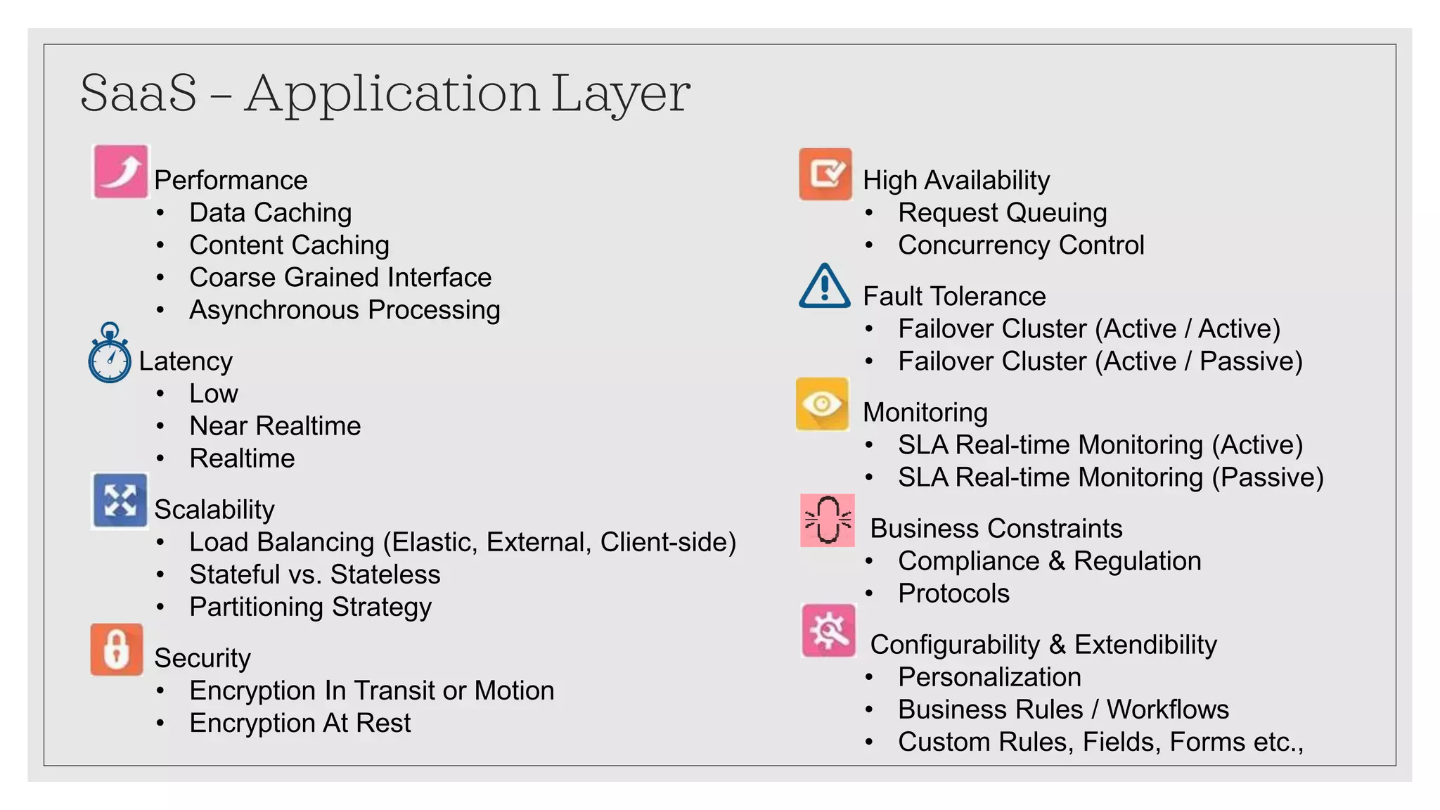 SaaS – Application Layer
Performance
• Data Caching
• Content Caching
• Coarse Grained Interface
• Asynchronous Processing
Latency
• Low
• Near Realtime
• Realtime
Scalability
• Load Balancing (Elastic, External, Client-side)
• Stateful vs. Stateless
• Partitioning Strategy
Security
• Encryption In Transit or Motion
• Encryption At Rest
High Availability
• Request Queuing
• Concurrency Control
Fault Tolerance
• Failover Cluster (Active / Active)
• Failover Cluster (Active / Passive)
Monitoring
• SLA Real-time Monitoring (Active)
• SLA Real-time Monitoring (Passive)
Business Constraints
• Compliance & Regulation
• Protocols
Configurability & Extendibility
• Personalization
• Business Rules / Workflows
• Custom Rules, Fields, Forms etc.,
 