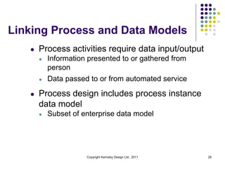 Linking Process and Data Models
   l   Process activities require data input/output
       l   Information presented to or gathered from
           person
       l   Data passed to or from automated service

   l   Process design includes process instance
       data model
       l   Subset of enterprise data model




                      Copyright Kemsley Design Ltd., 2011   28
 