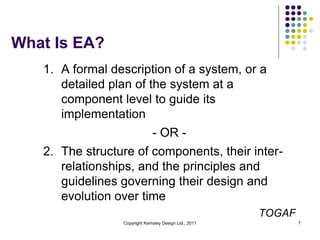 What Is EA?
   1. A formal description of a system, or a
      detailed plan of the system at a
      component level to guide its
      implementation
                              - OR -
   2. The structure of components, their inter-
      relationships, and the principles and
      guidelines governing their design and
      evolution over time
                                                       TOGAF
                 Copyright Kemsley Design Ltd., 2011           7
 