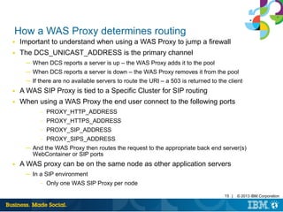 15 | © 2013 IBM Corporation
How a WAS Proxy determines routing
■ Important to understand when using a WAS Proxy to jump a firewall
■ The DCS_UNICAST_ADDRESS is the primary channel
─ When DCS reports a server is up – the WAS Proxy adds it to the pool
─ When DCS reports a server is down – the WAS Proxy removes it from the pool
─ If there are no available servers to route the URI – a 503 is returned to the client
■ A WAS SIP Proxy is tied to a Specific Cluster for SIP routing
■ When using a WAS Proxy the end user connect to the following ports
– PROXY_HTTP_ADDRESS
– PROXY_HTTPS_ADDRESS
– PROXY_SIP_ADDRESS
– PROXY_SIPS_ADDRESS
─ And the WAS Proxy then routes the request to the appropriate back end server(s)
WebContainer or SIP ports
■ A WAS proxy can be on the same node as other application servers
─ In a SIP environment
– Only one WAS SIP Proxy per node
 