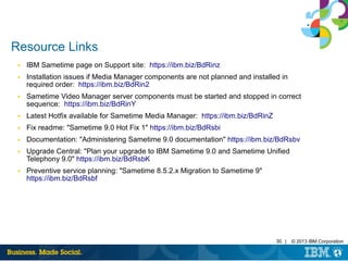 30 | © 2013 IBM Corporation
Resource Links
■ IBM Sametime page on Support site: https://ibm.biz/BdRinz
■ Installation issues if Media Manager components are not planned and installed in
required order: https://ibm.biz/BdRin2
■ Sametime Video Manager server components must be started and stopped in correct
sequence: https://ibm.biz/BdRinY
■ Latest Hotfix available for Sametime Media Manager: https://ibm.biz/BdRinZ
■ Fix readme: "Sametime 9.0 Hot Fix 1" https://ibm.biz/BdRsbi
■ Documentation: "Administering Sametime 9.0 documentation" https://ibm.biz/BdRsbv
■ Upgrade Central: "Plan your upgrade to IBM Sametime 9.0 and Sametime Unified
Telephony 9.0" https://ibm.biz/BdRsbK
■ Preventive service planning: "Sametime 8.5.2.x Migration to Sametime 9"
https://ibm.biz/BdRsbf
 