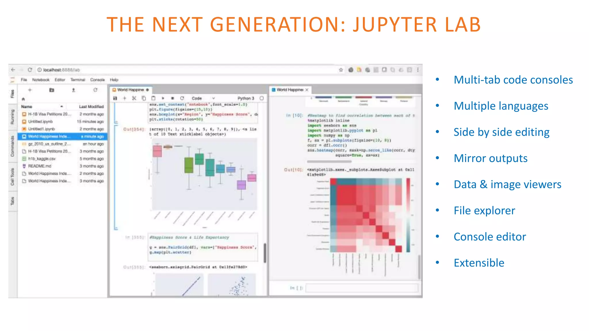 THE NEXT GENERATION: JUPYTER LAB
• Multi-tab code consoles
• Multiple languages
• Side by side editing
• Mirror outputs
• Data & image viewers
• File explorer
• Console editor
• Extensible
 