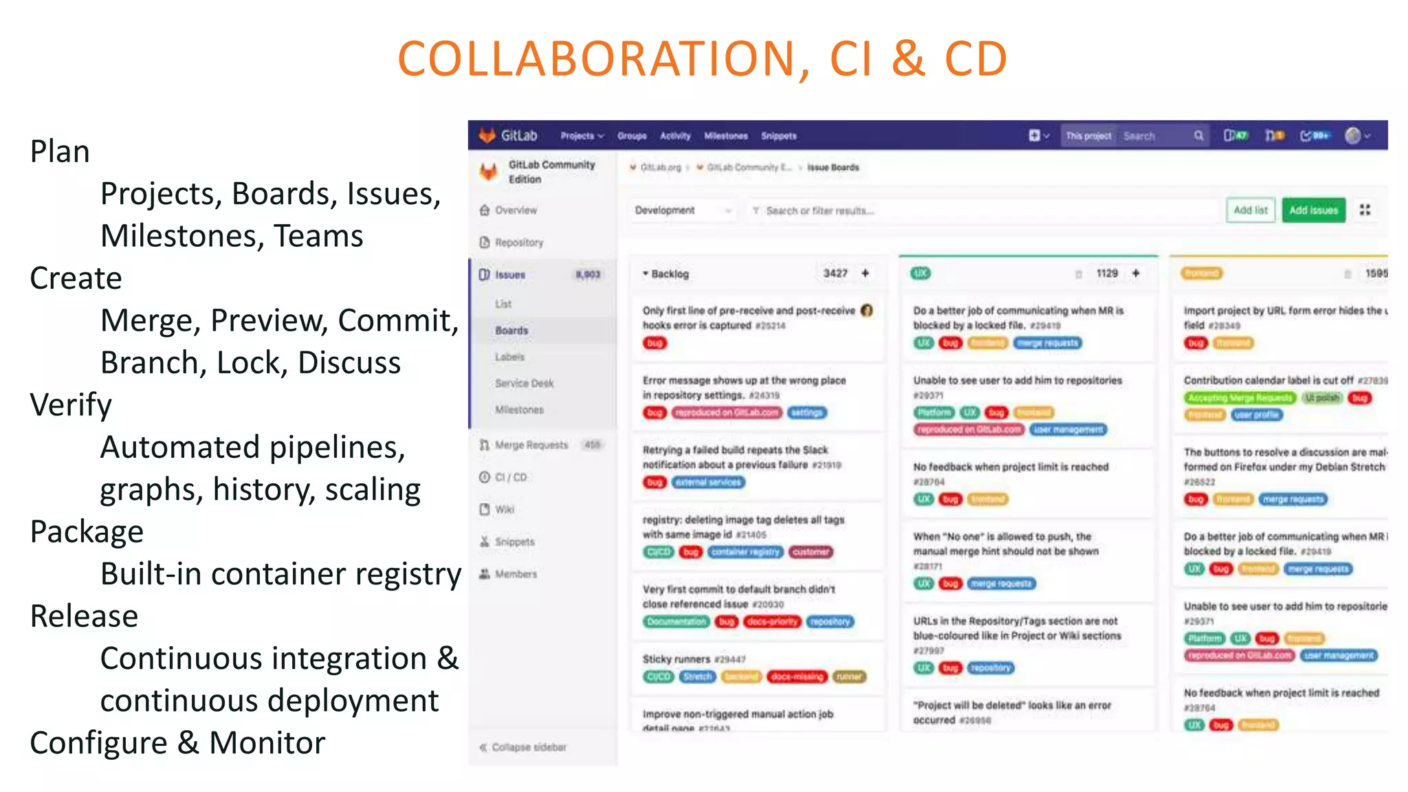 COLLABORATION, CI & CD
Plan
Projects, Boards, Issues,
Milestones, Teams
Create
Merge, Preview, Commit,
Branch, Lock, Discuss
Verify
Automated pipelines,
graphs, history, scaling
Package
Built-in container registry
Release
Continuous integration &
continuous deployment
Configure & Monitor
 