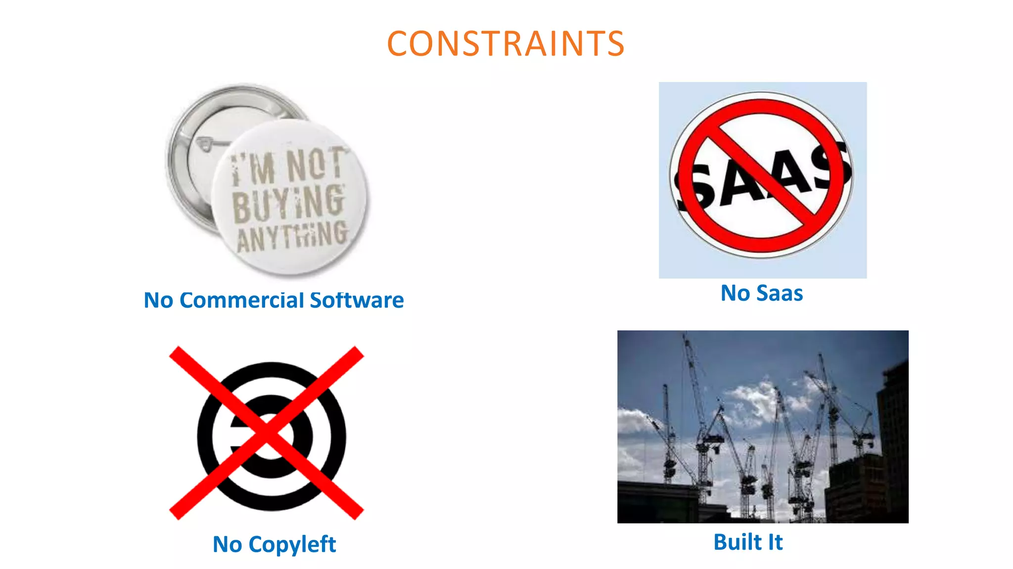 CONSTRAINTS
No Commercial Software
No Copyleft
No Saas
Built It
 