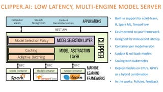 CLIPPER.AI: LOW LATENCY, MULTI-ENGINE MODEL SERVER
• Built-in support for scikit-learn,
R, Spark ML, TensorFlow
• Easily extend to your framework
• Designed for millisecond latency
• Container per model version
• Update & roll back models
• Scaling with Kubernetes
• Deploy models on CPU’s, GPU’s
or a hybrid combination
• In the works: Policies, feedback
 